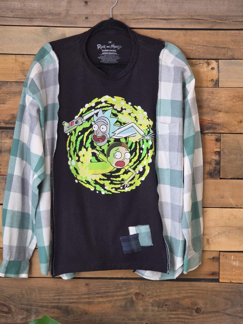 Upcycled Black Rick and Morty Tee with Green Plaid Sleeves